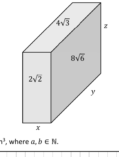 Cuboid with dimensions x, y, z and face areas 2root2, 4root3, 8root6