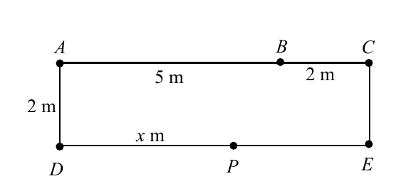 Rectangle ADEC, AC = 7 m, AD = 2 m, B on AC with AB = 5 m, P on DE with DP = x m