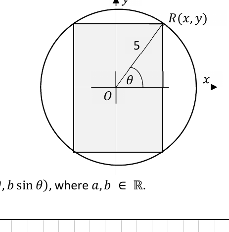 Rectangle inscribed in a circle radius 5, vertex R(x,y) in first quadrant, angle theta from x-axis