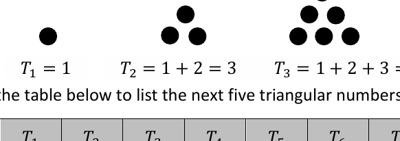 First three triangular numbers as dot patterns: 1, 3 and 6