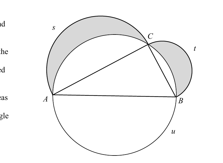 Right-angled triangle ABC with semicircles on the three sides and two shaded lunes