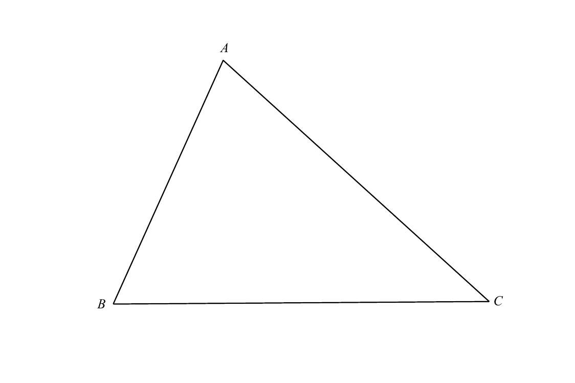 Triangle ABC with A at the apex, B lower left, C lower right