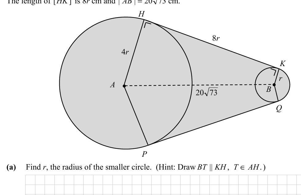 Machine part: large circle centre A radius 4r and small circle centre B radius r, joined by tangent plate HK (8r) and PQ, with AB = 20 root 73