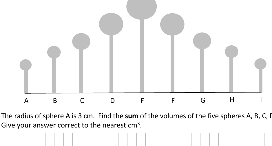Garden railing of nine bars A to I, each topped with a sphere, sizes rising to a peak at E
