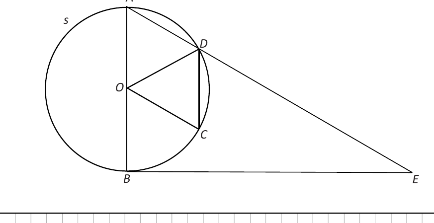 Circle s centre O, diameter AB, tangent BE at B, chord CD parallel to AB with CD half of AB