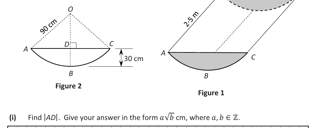 Cattle trough: circular-segment cross section ABC of radius 90 cm, height DB = 30 cm, length 2.5 m
