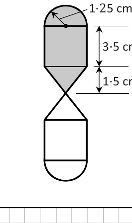 Sand timer: each half is a hemisphere, cylinder height 3.5 cm and cone height 1.5 cm, radius 1.25 cm