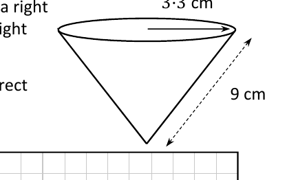 Right circular cone cup, radius 3.3 cm, slant height 9 cm