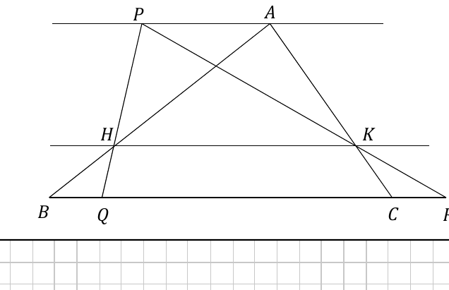 Three parallel lines PA, HK, BR cut by transversals forming points P, A, H, K, B, Q, C, R
