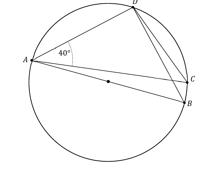 Circle through A, B, C, D with AB a diameter and angle DAC = 40 degrees