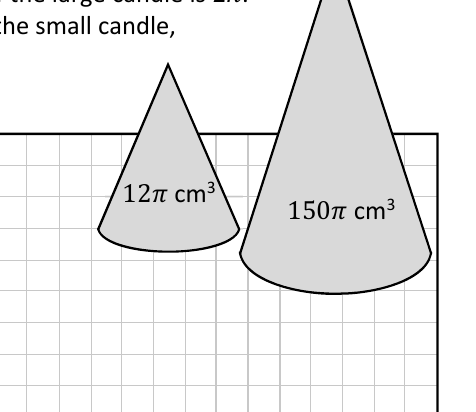 Two cone candles of volume 12 pi and 150 pi cubic cm