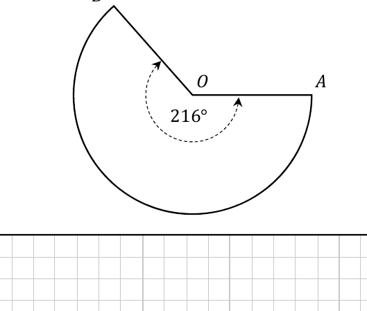 Sector net of a cone with angle BOA = 216 degrees and radius OA = 8 cm