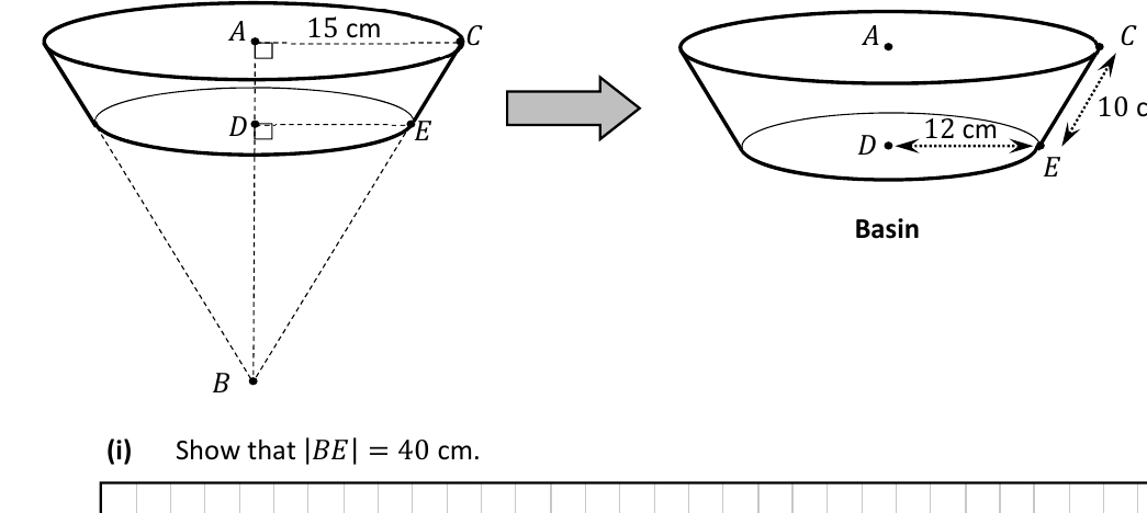 A conical basin (frustum) with top radius 15 cm, base radius 12 cm and slant height 10 cm