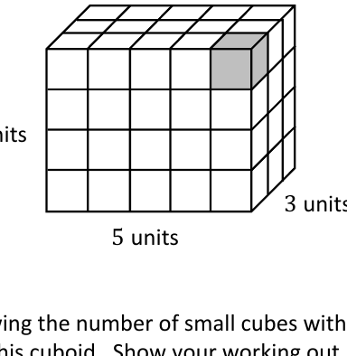 A 5 by 3 by 4 cuboid built from unit cubes, one corner cube shaded