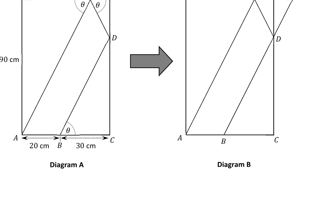 Diagram A and Diagram B showing rectangle ACEG with points B, D, F and lines meeting at H