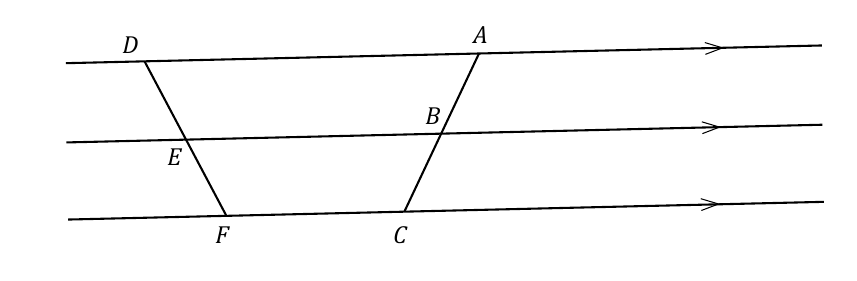 Three parallel lines AD, BE, CF cut by two transversals