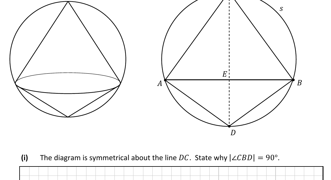Two cones inscribed in a sphere, cross-section showing triangles ABC and ADB inside a circle