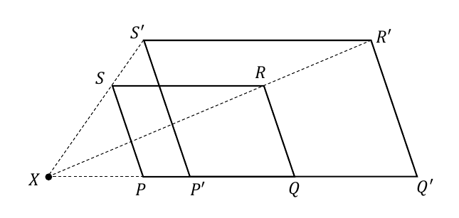 Parallelogram PQRS enlarged to P'Q'R'S' from centre X
