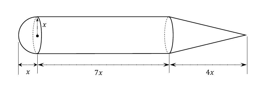 Submarine with hemisphere radius x, cylinder length 7x, cone length 4x