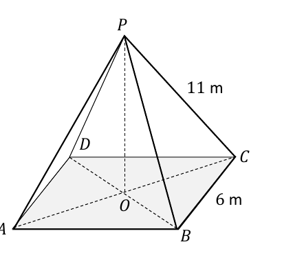 Square-based pyramid roof with apex P above centre O, slant edge 11 m, base 6 m