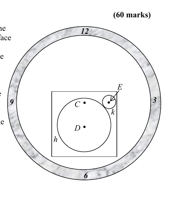 Clock face with a glass square containing two externally touching cogs h (centre D) and k (centre E); C is the clock centre