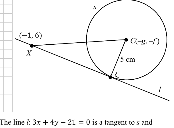 Circle s with centre C, tangent line l through external point X, radius 5 cm