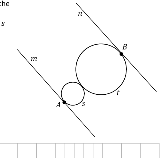 Two touching circles s and t between parallel tangent lines m and n