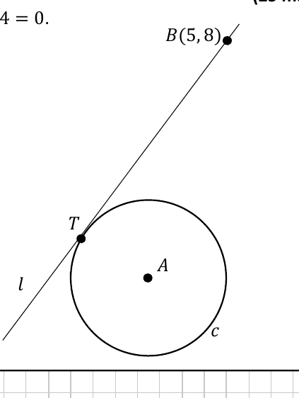 Circle c with centre A, tangent line l touching at T and passing through B(5,8)