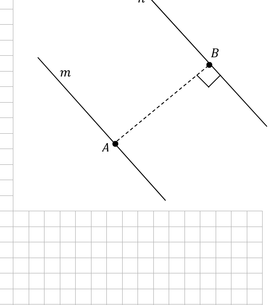 Parallel lines m and n with A on m and B the closest point on n, connected by a perpendicular segment
