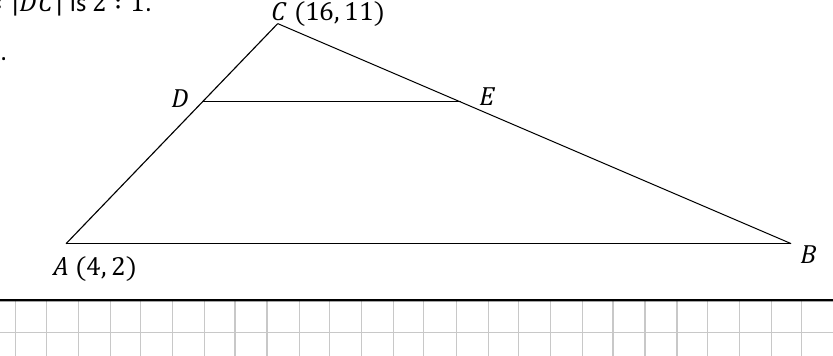 Triangle ABC with A(4,2), C(16,11), and points D, E on CA and CB with DE horizontal