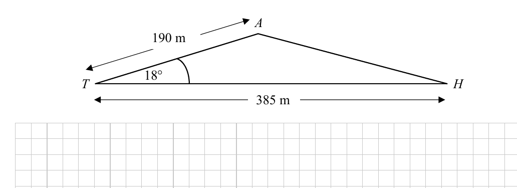 Triangle T A H with TA = 190 m, angle ATH = 18 degrees, TH = 385 m