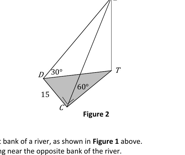 3-D figure: tree TE with elevation angles 60 degrees from C and 30 degrees from D, DC = 15 m