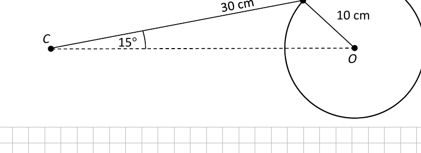 Crank-slider: triangle C, D, O with DC = 30 cm, OD = 10 cm, angle DCO = 15 degrees, circle centre O