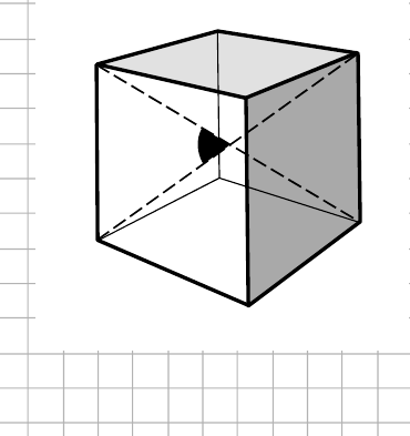 Cube with two interior diagonals drawn and the angle between them marked