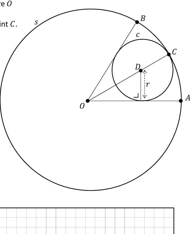 Large circle s centre O with small circle c centre D touching at C, tangents OA and OB, angle BOA = 60 degrees