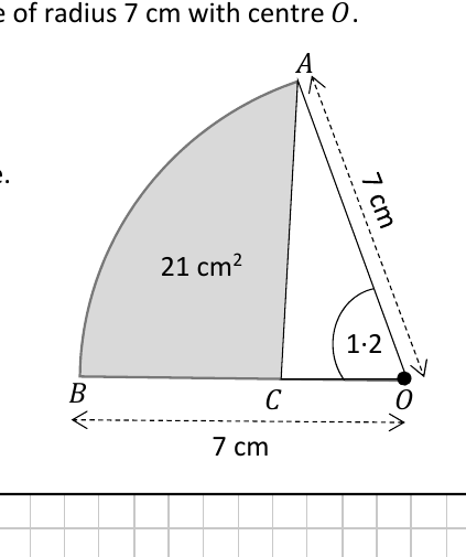 Sector OAB radius 7 cm, angle BOA = 1.2 radians, shaded region 21 cm squared, C on OB