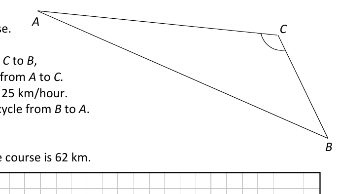 Triangle ABC representing the triathlon course sections