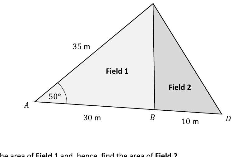 Two adjacent triangular fields ABC and BDC with given lengths and a 50 degree angle