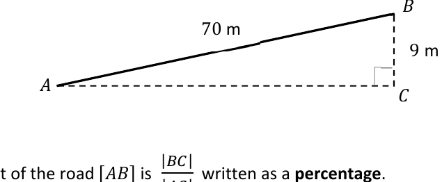 Right-angled triangle ABC with AB = 70 m and BC = 9 m