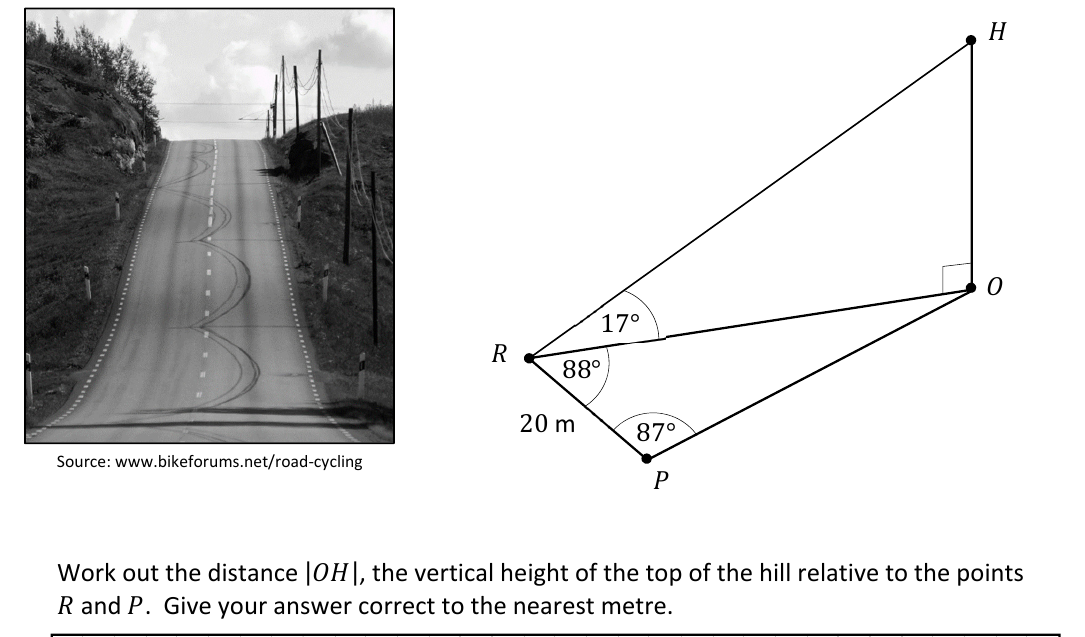 A hill with top H, points R and P on the ground and O below H, with measured angles