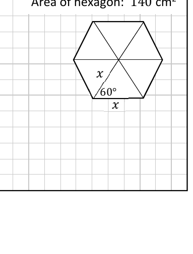 A regular hexagon of area 140 split into six triangles with side x and angle 60 degrees