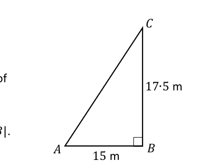Right-angled triangle ABC: AB = 15 m horizontal, BC = 17.5 m vertical flagpole