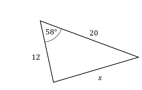 Triangle: sides 12 and 20 with included angle 58 degrees, third side x