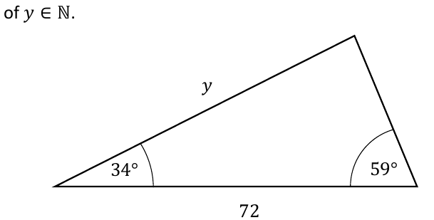 Triangle: base 72 with angles 34 and 59 degrees, side y