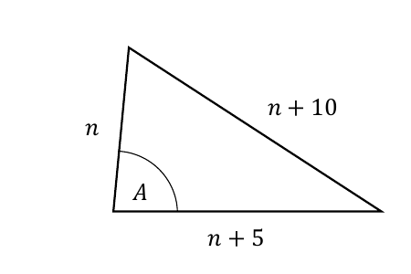 Triangle: sides n, n+5, n+10 with angle A between n and n+5